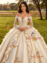 Champagne Satin Long Sleeve Appliques Quinceanera Dress