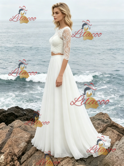 White Two Piece Short Sleeve Lace Wedding Dress