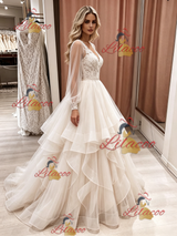 Champagne Tulle Long Sleeve V-neck Wedding Dress