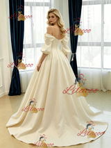 Ivory Satin Short Sleeve Pleats Flower Wedding Dress