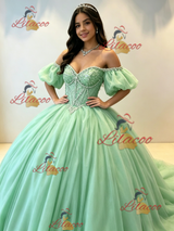Green Tulle Puff Sleeve Beading Quinceanera Dress