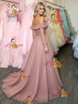 Pink Tulle Long Sleeve Prom Dress