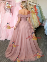 Pink Tulle Long Sleeve Prom Dress