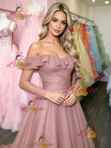 Pink Tulle Long Sleeve Prom Dress
