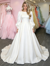 White Satin Long Sleeve Prom Dress