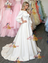 White Satin Long Sleeve Prom Dress