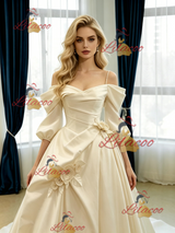 Ivory Satin Short Sleeve Pleats Flower Wedding Dress