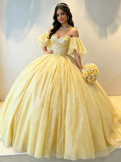 Yellow Tulle Off the Shoulder Beading Quinceanera Dress