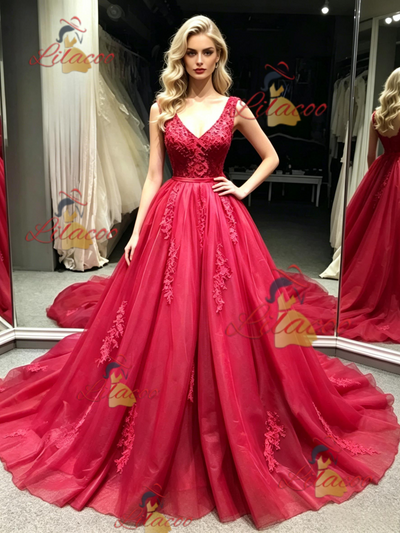 Red Tulle V-neck Appliques Prom Dress