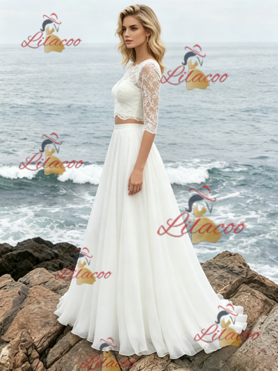 White Two Piece Short Sleeve Lace Wedding Dress