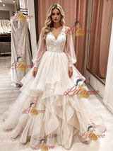 Champagne Tulle Long Sleeve V-neck Wedding Dress