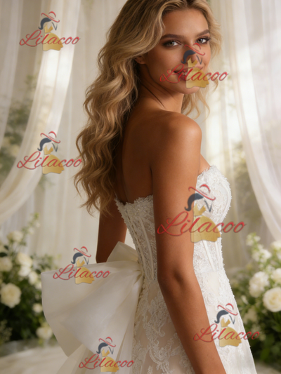 White Lace Strapless Bow Wedding Dress