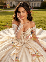Champagne Satin Long Sleeve Appliques Quinceanera Dress
