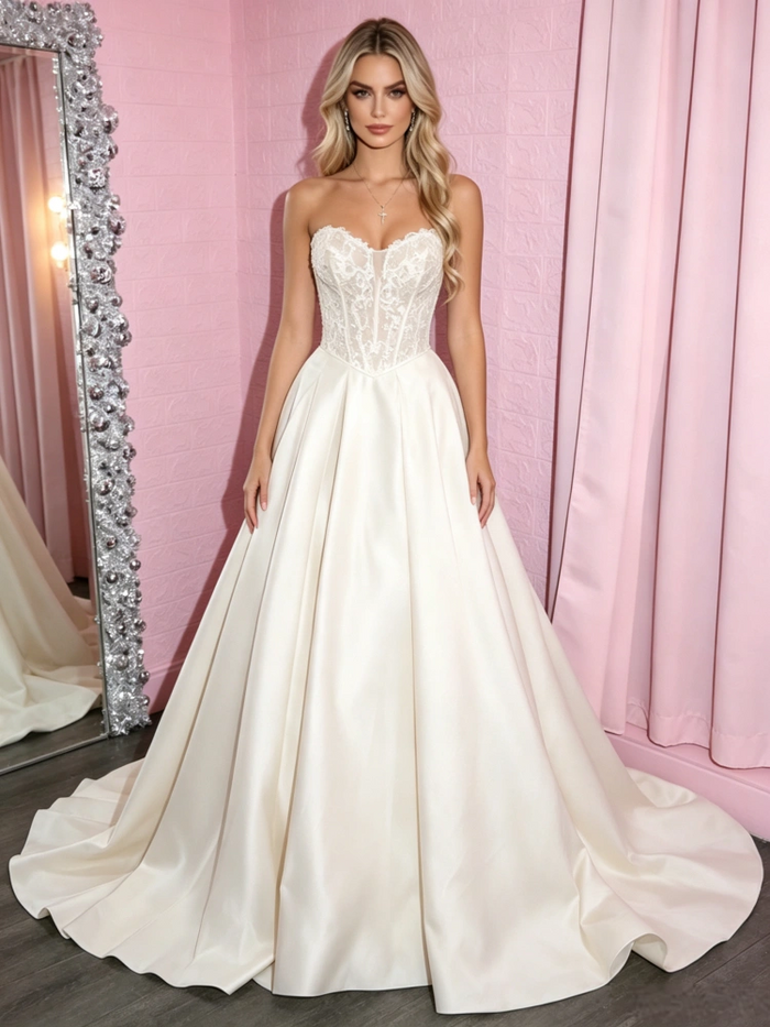 White Satin Strapless Prom Dress