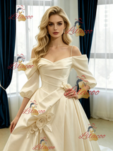 Ivory Satin Short Sleeve Pleats Flower Wedding Dress