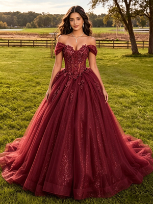 Burgundy Tulle Off the Shoulder Appliques Quinceanera Dress