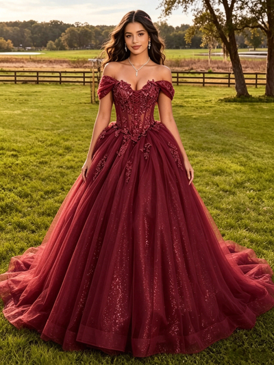 Burgundy Tulle Off the Shoulder Appliques Quinceanera Dress
