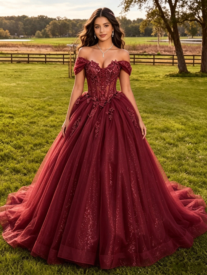 Burgundy Tulle Off the Shoulder Appliques Quinceanera Dress