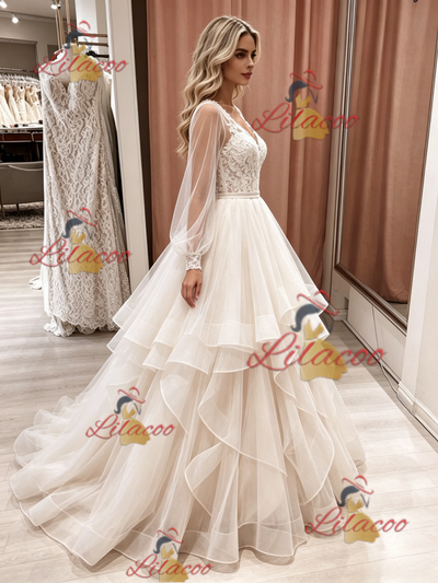 Champagne Tulle Long Sleeve V-neck Wedding Dress