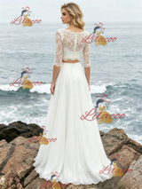 White Two Piece Short Sleeve Lace Wedding Dress