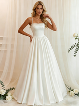 White Satin Spaghetti Straps Pearls Wedding Dress