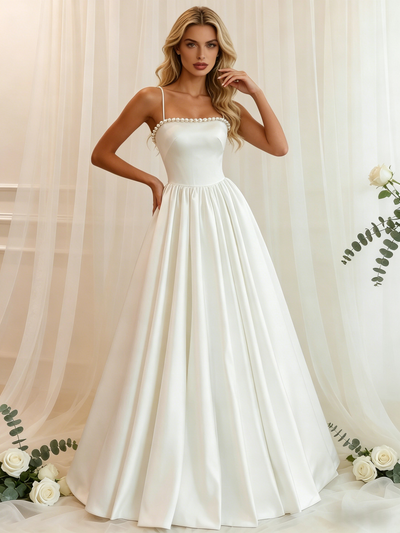 White Satin Spaghetti Straps Pearls Wedding Dress