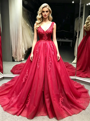 Red Tulle V-neck Appliques Prom Dress