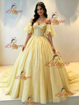 Yellow Tulle Off the Shoulder Beading Quinceanera Dress
