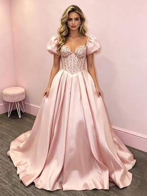 Pink Satin Puff Sleeve Prom Dress