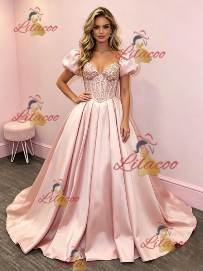 Pink Satin Puff Sleeve Prom Dress
