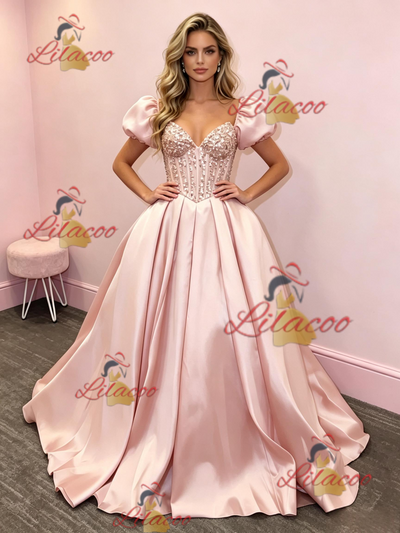 Pink Satin Puff Sleeve Prom Dress