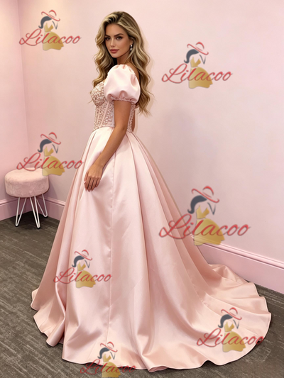 Pink Satin Puff Sleeve Prom Dress