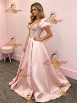 Pink Satin Puff Sleeve Prom Dress
