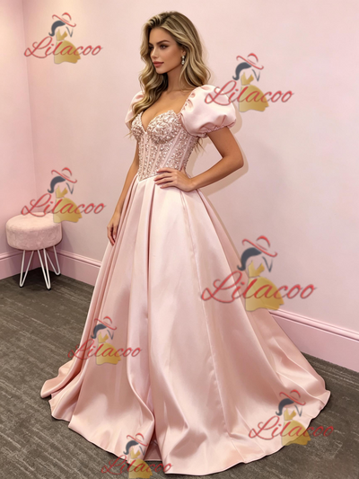 Pink Satin Puff Sleeve Prom Dress