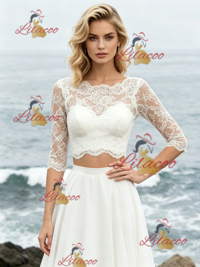 White Two Piece Short Sleeve Lace Wedding Dress