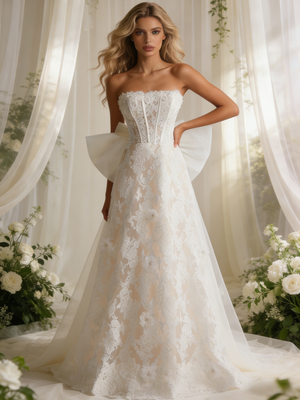 White Lace Strapless Bow Wedding Dress