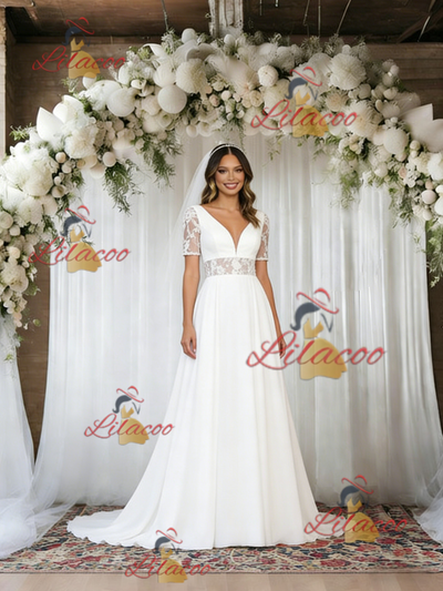 White V-neck Short Sleeve Lace Wedding Dress