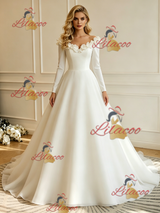 White Long Sleeve Off the Shoulder Flower Wedding Dress