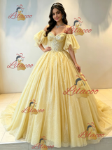 Yellow Tulle Off the Shoulder Beading Quinceanera Dress