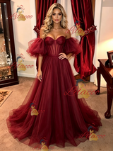 Burgundy Tulle Off the Shoulder Prom Dress