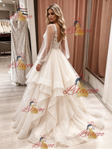 Champagne Tulle Long Sleeve V-neck Wedding Dress