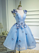 Blue V-neck Butterfly Homecoming Dress