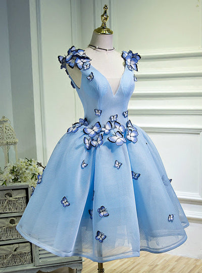 Blue V-neck Butterfly Homecoming Dress
