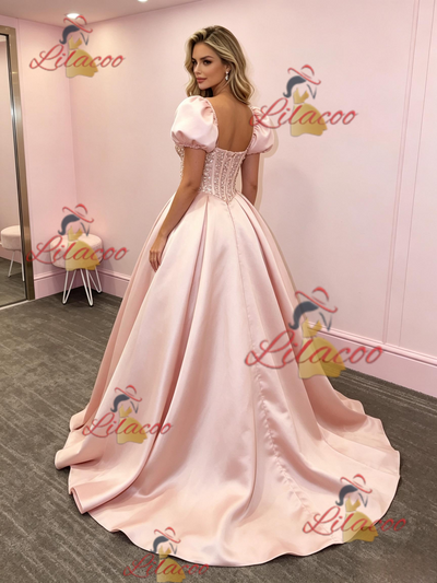 Pink Satin Puff Sleeve Prom Dress