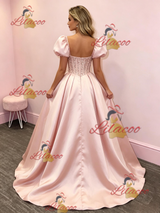 Pink Satin Puff Sleeve Prom Dress