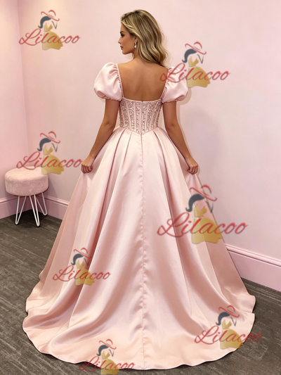 Pink Satin Puff Sleeve Prom Dress