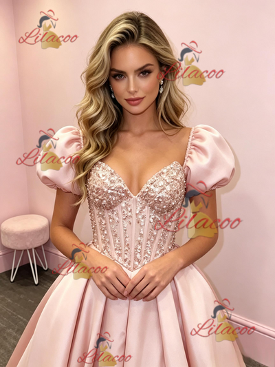 Pink Satin Puff Sleeve Prom Dress