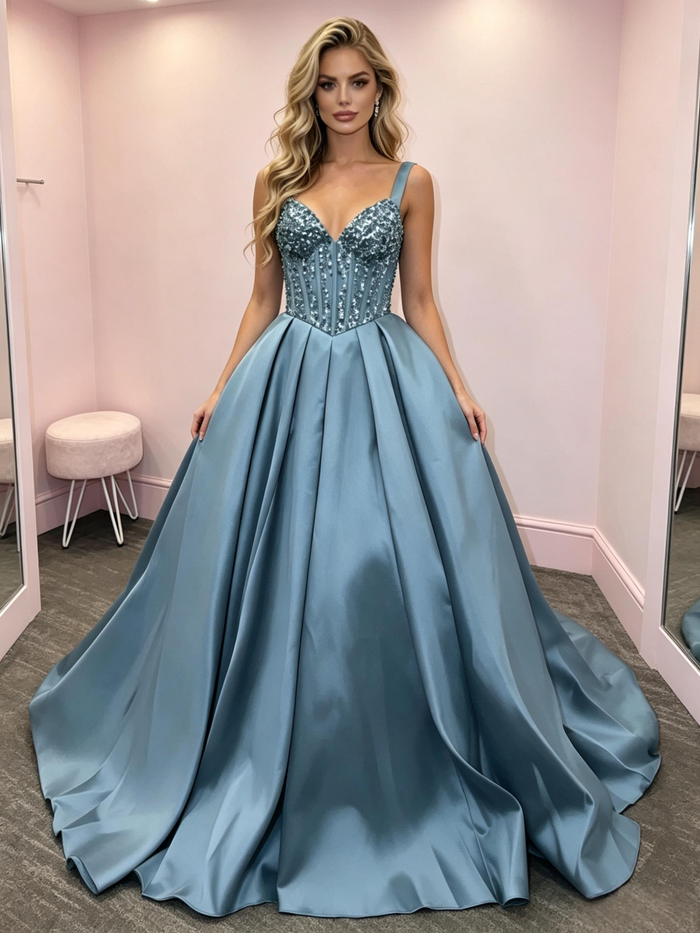 Blue Satin Straps Sequins Prom Dress