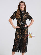 Lace Diamond Short Sleeve Round Neck Slim Dress