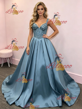 Blue Satin Straps Sequins Prom Dress